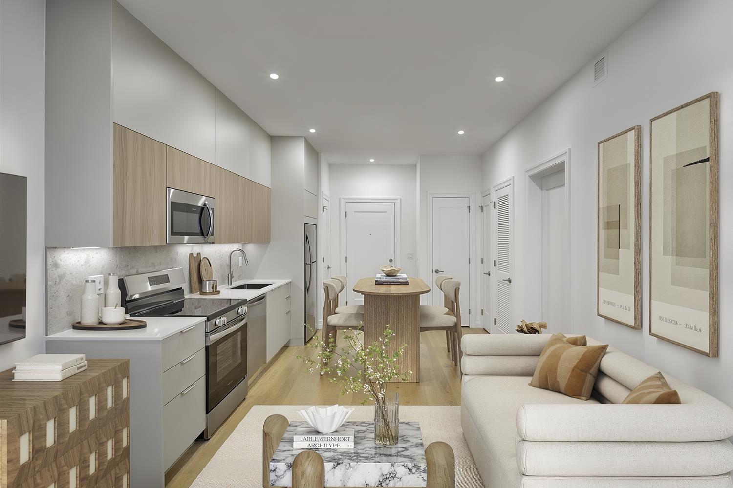 Living area with lounging and eating areas with beige accents