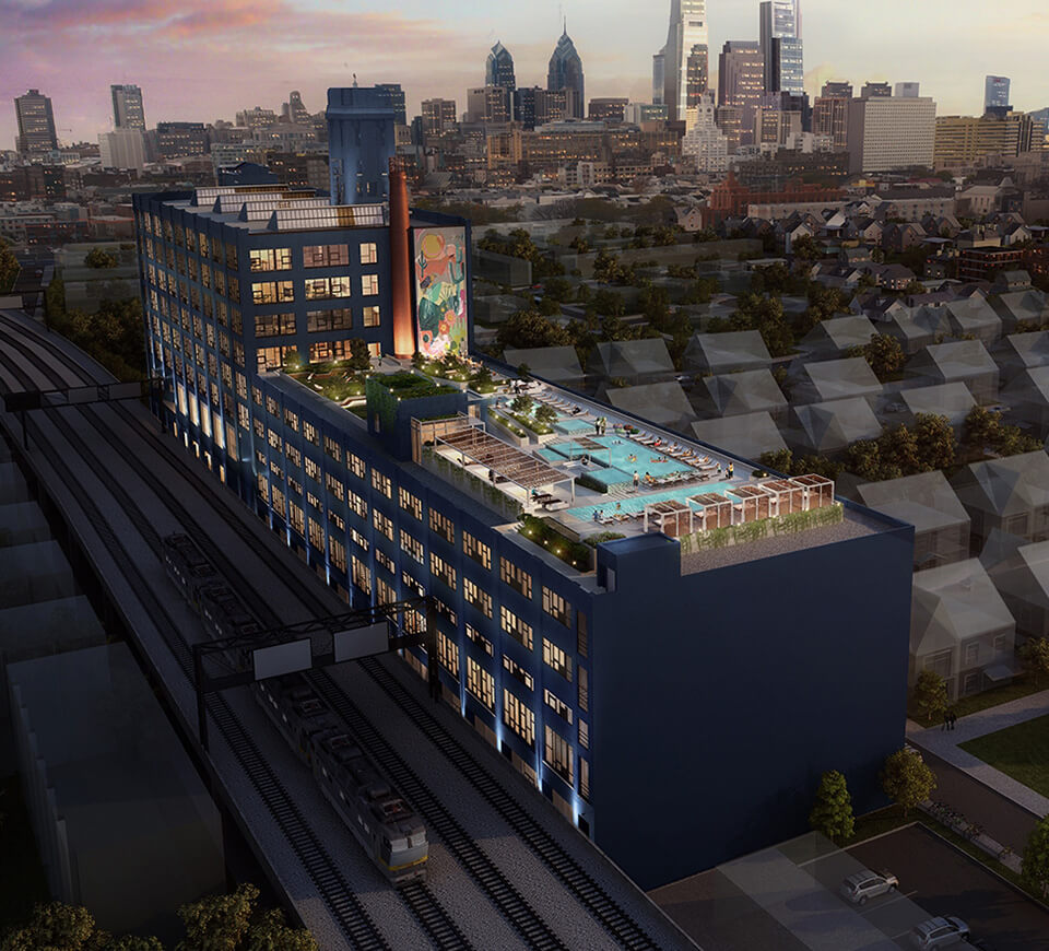 The Poplar aerial shot with rooftop pool and art mural
